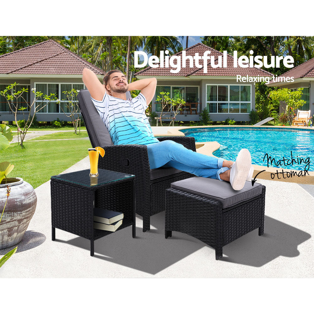 Wicker Reclining Sun Lounge Sofa Chair with Ottoman & Side Table - Black & Grey Homecoze