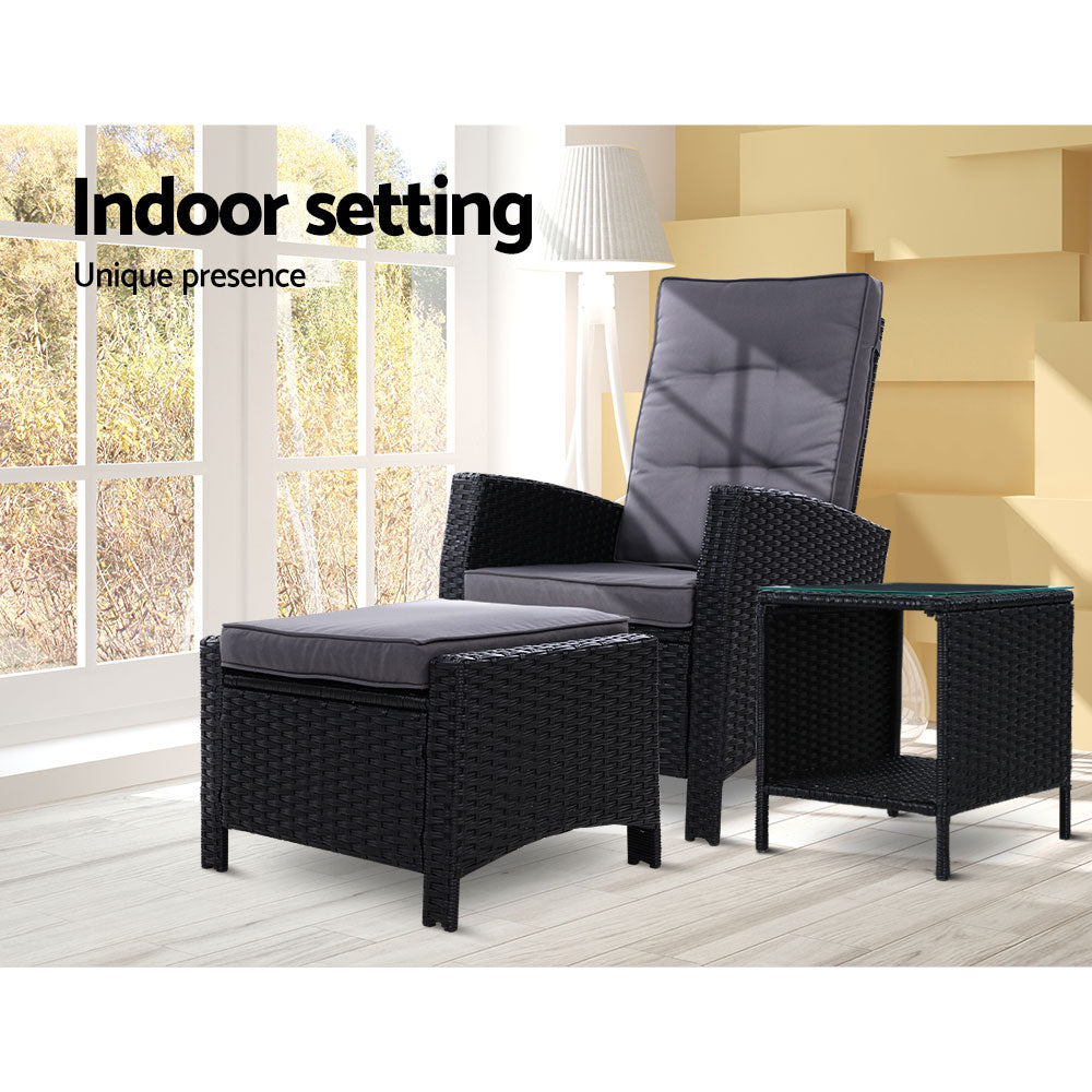 3PC Modern Outdoor Recliner Chair & Ottoman Set - Black - Homecoze