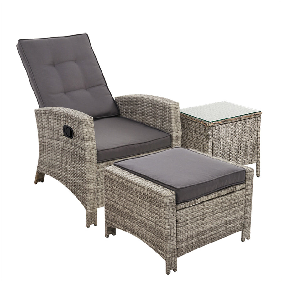 Wicker Reclining Sun Lounge Sofa Chair with Ottoman & Side Table - Grey & Grey Homecoze