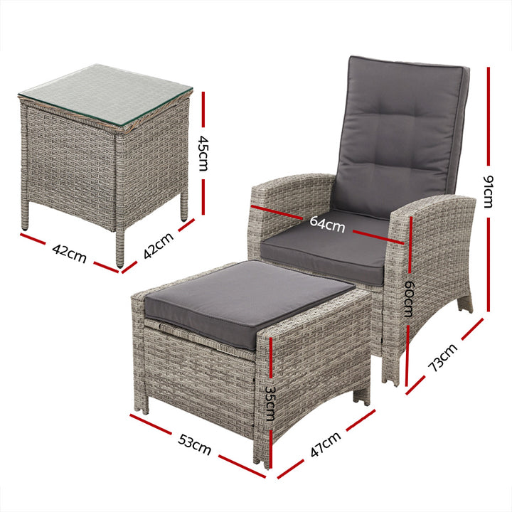 Wicker Reclining Sun Lounge Sofa Chair with Ottoman & Side Table - Grey & Grey Homecoze