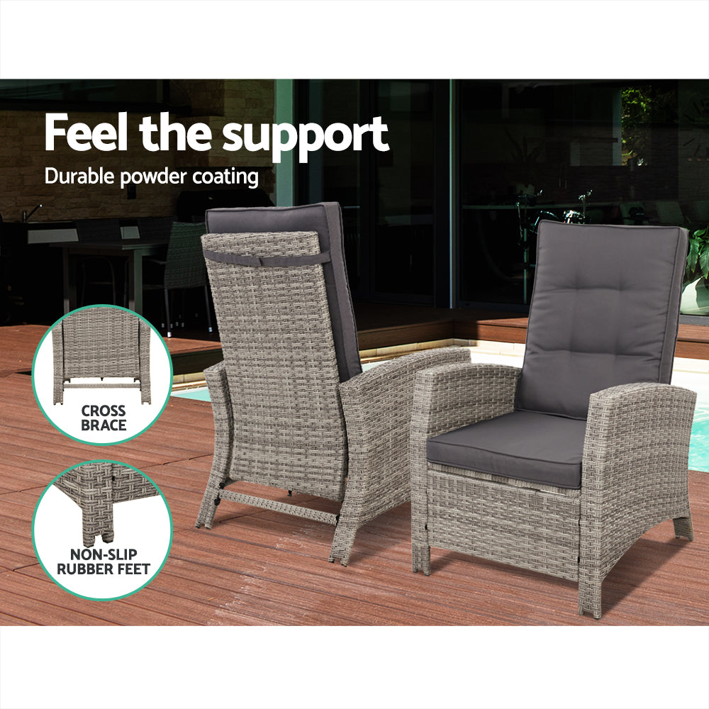 3PC Modern Outdoor Recliner Chair & Ottoman Set - Grey - Homecoze