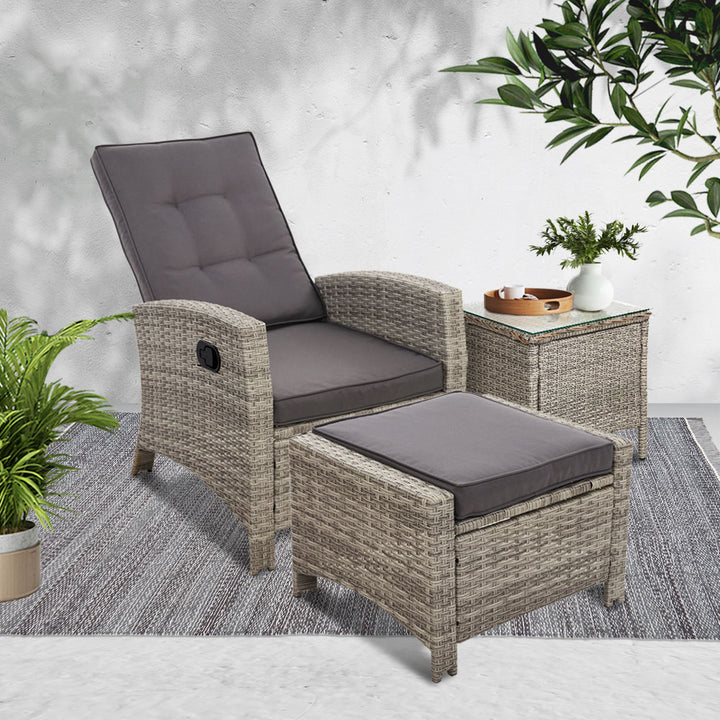 Wicker Reclining Sun Lounge Sofa Chair with Ottoman & Side Table - Grey & Grey Homecoze