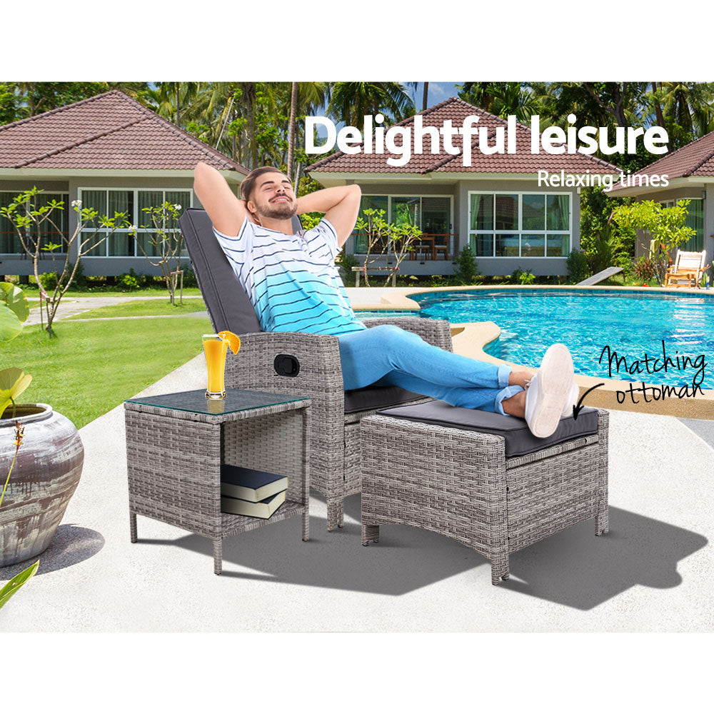 3PC Modern Outdoor Recliner Chair & Ottoman Set - Grey - Homecoze