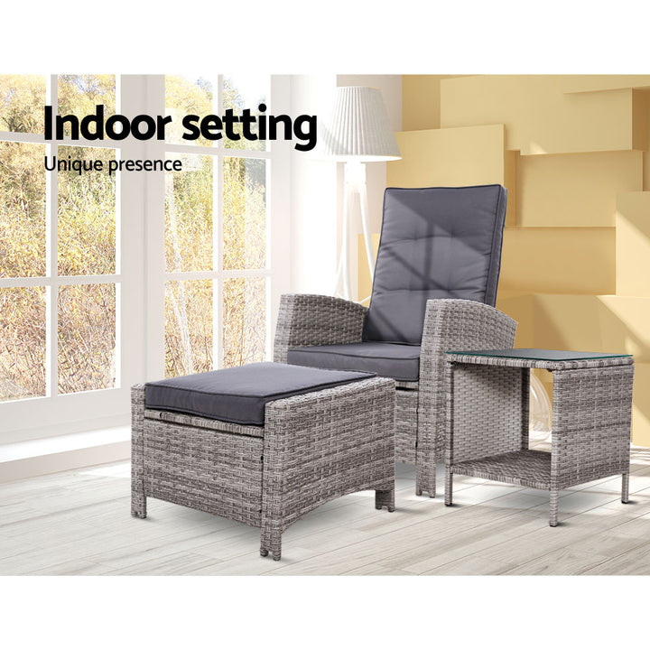 Wicker Reclining Sun Lounge Sofa Chair with Ottoman & Side Table - Grey & Grey Homecoze