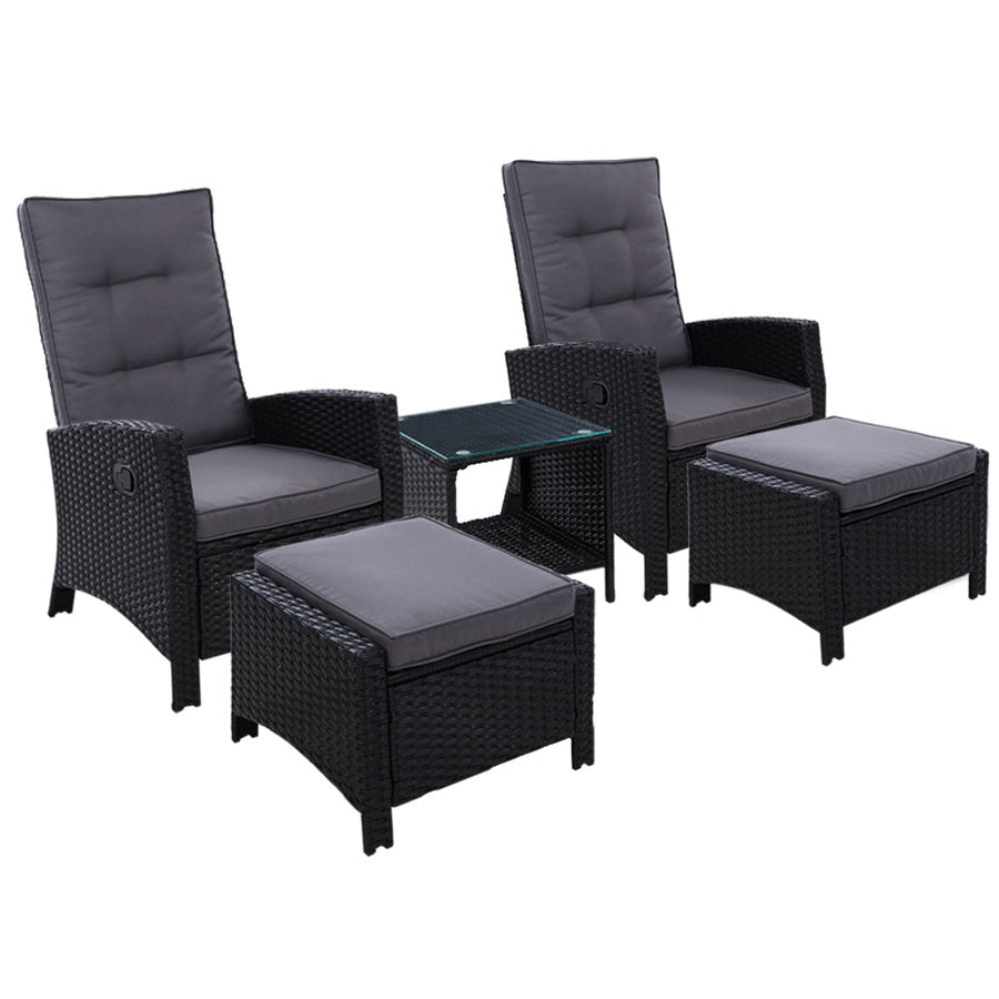 Set of 2 Wicker Reclining Sun Lounge Sofa Chair with Ottoman & Side Table - Black & Grey Homecoze