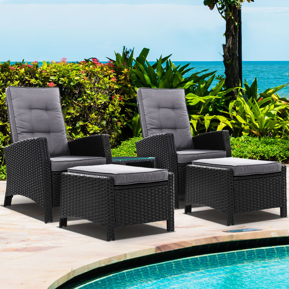 Set of 2 Wicker Reclining Sun Lounge Sofa Chair with Ottoman & Side Table - Black & Grey Homecoze