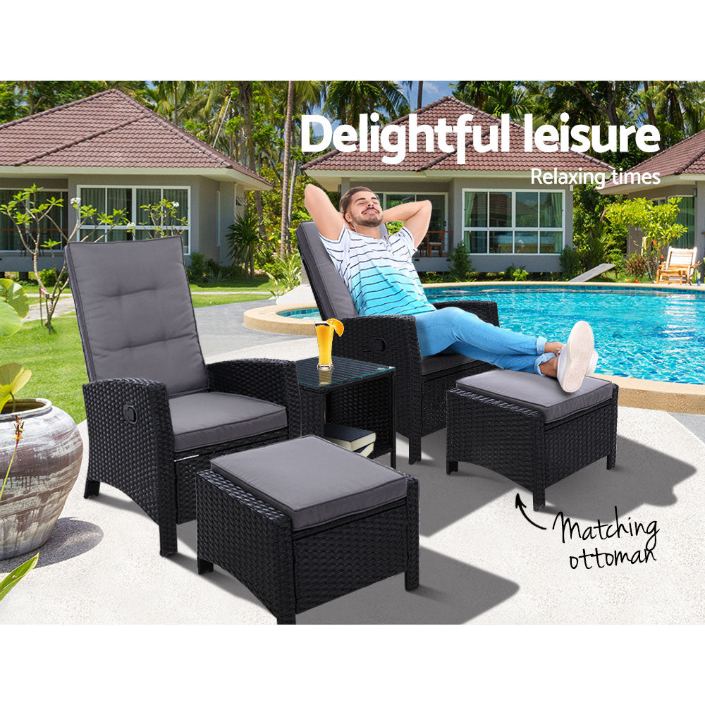 5PC Modern Outdoor Recliner Chairs & Ottoman Set - Black - Homecoze