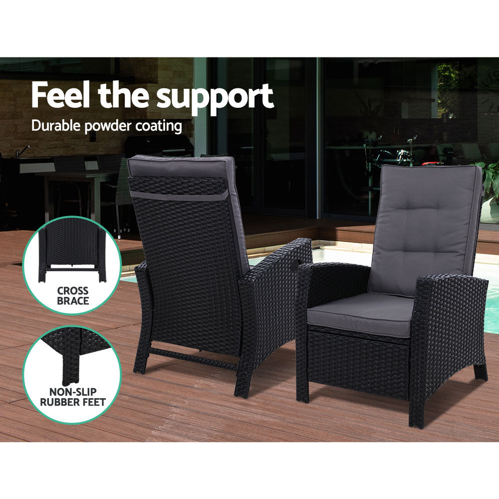 5PC Modern Outdoor Recliner Chairs & Ottoman Set - Black - Homecoze