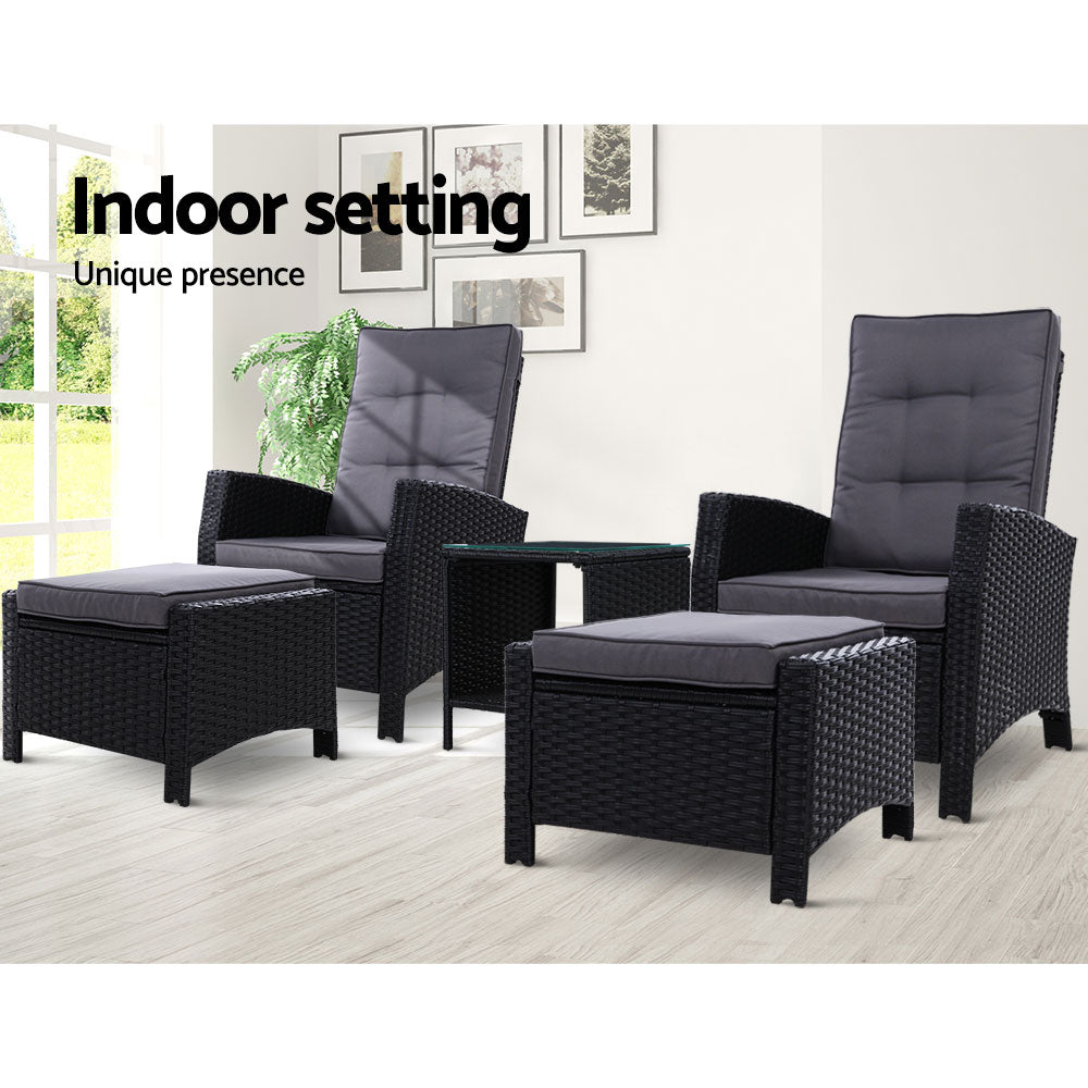 5PC Modern Outdoor Recliner Chairs & Ottoman Set - Black - Homecoze
