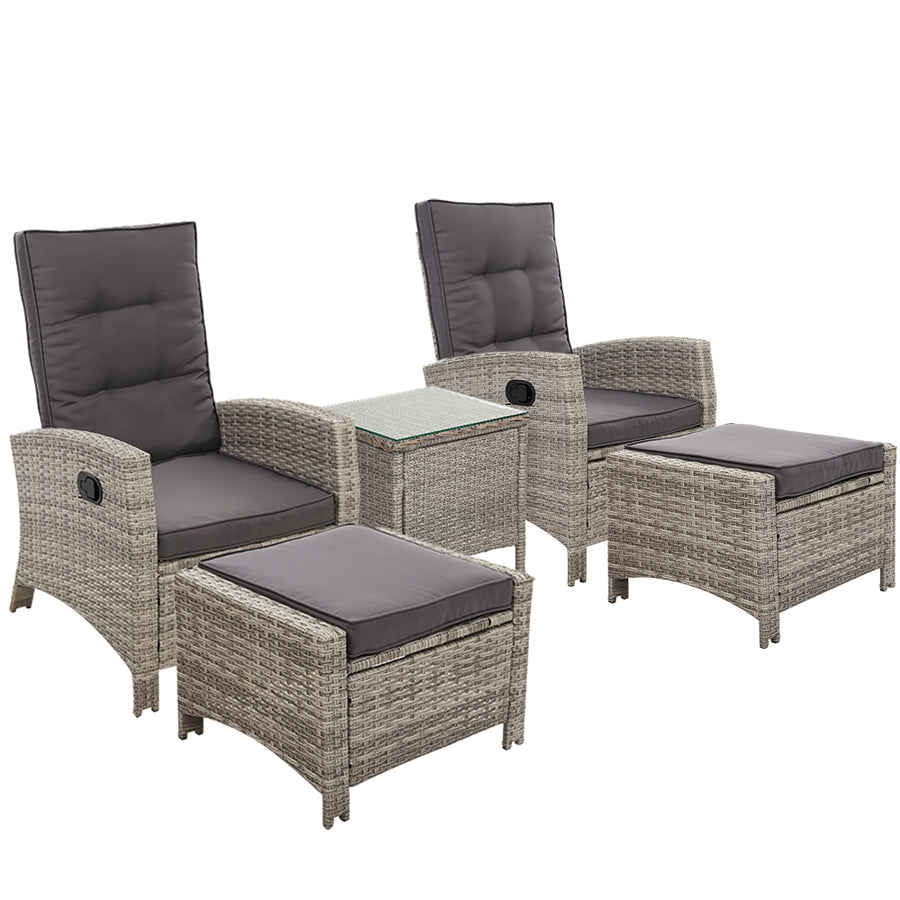Set of 2 Wicker Reclining Sun Lounge Sofa Chair with Ottomans & Side Table - Grey & Grey Homecoze
