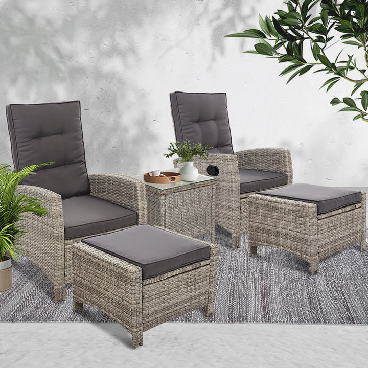 Set of 2 Wicker Reclining Sun Lounge Sofa Chair with Ottomans & Side Table - Grey & Grey Homecoze