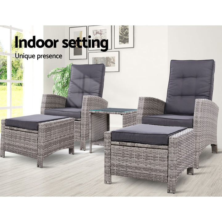 Set of 2 Wicker Reclining Sun Lounge Sofa Chair with Ottomans & Side Table - Grey & Grey Homecoze