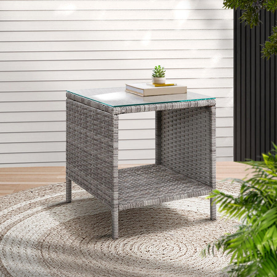 Wicker Indoor/Outdoor Side Coffee Table Shelf Patio Garden Furniture - Grey Homecoze