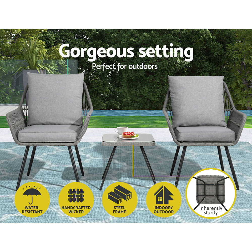 3 Piece Wicker Outdoor Furniture Bistro Setting - Grey Homecoze