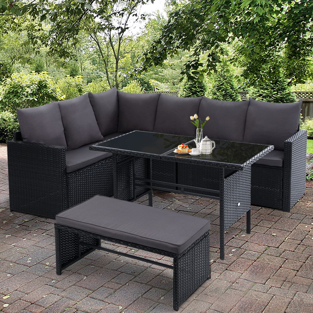 8 Seater Wicker Outdoor Dining Sofa Lounge Set - Black - Homecoze