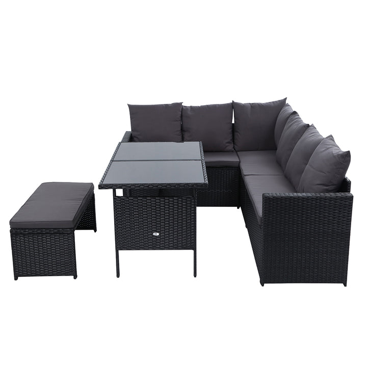 8 Seater Wicker Outdoor Furniture Dining Sofa Lounge Set with Storage Cover - Black Homecoze