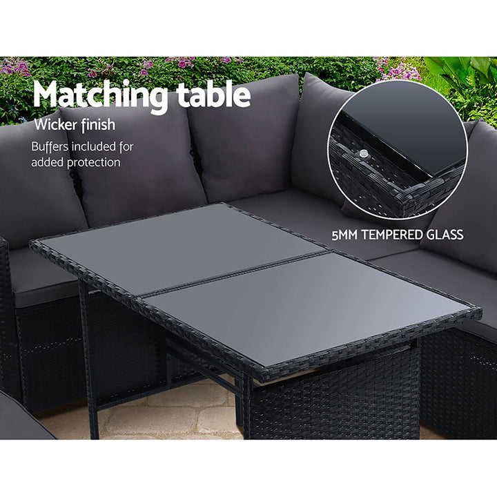 8 Seater Wicker Outdoor Furniture Dining Sofa Lounge Set with Storage Cover - Black Homecoze