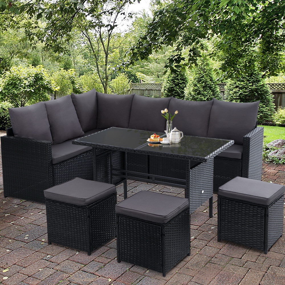 9 Seater Wicker Outdoor Dining Sofa Lounge Set - Black Homecoze