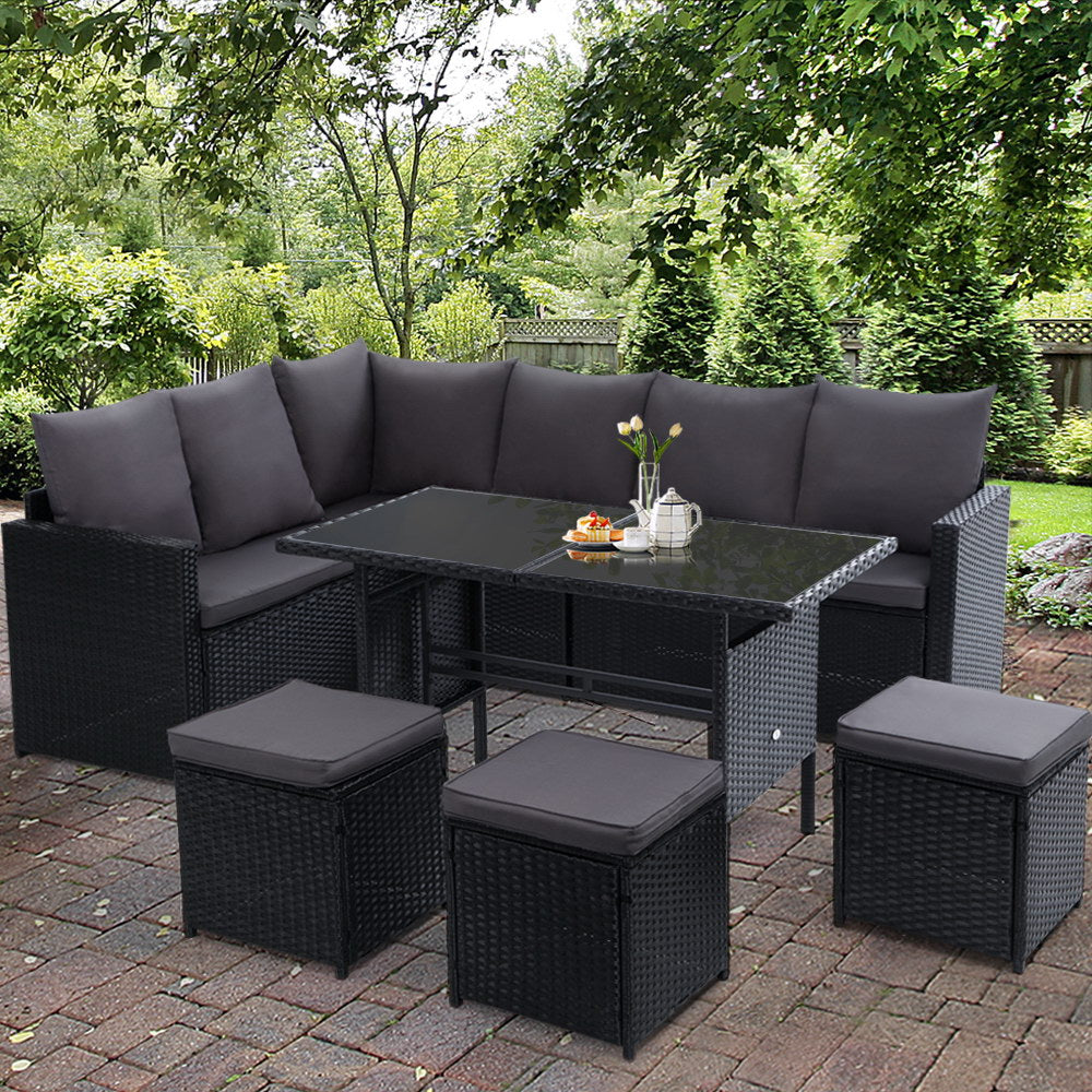 9 Seater Wicker Outdoor Dining Sofa Lounge Set - Black - Homecoze