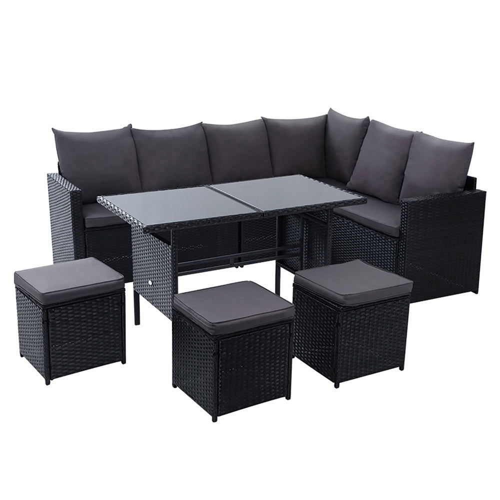 9 Seater Wicker Outdoor Dining Sofa Lounge Set with Storage Cover - Black Homecoze