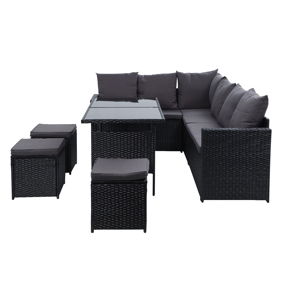 9 Seater Wicker Outdoor Dining Sofa Lounge Set with Storage Cover - Black Homecoze