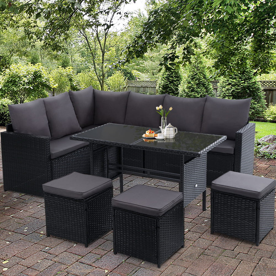 9 Seater Wicker Outdoor Dining Sofa Lounge Set with Storage Cover - Black Homecoze