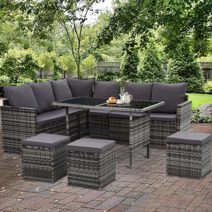 9 Seater Wicker Outdoor Furniture Dining Sofa Lounge Set with Storage Cover - Mixed Grey Homecoze