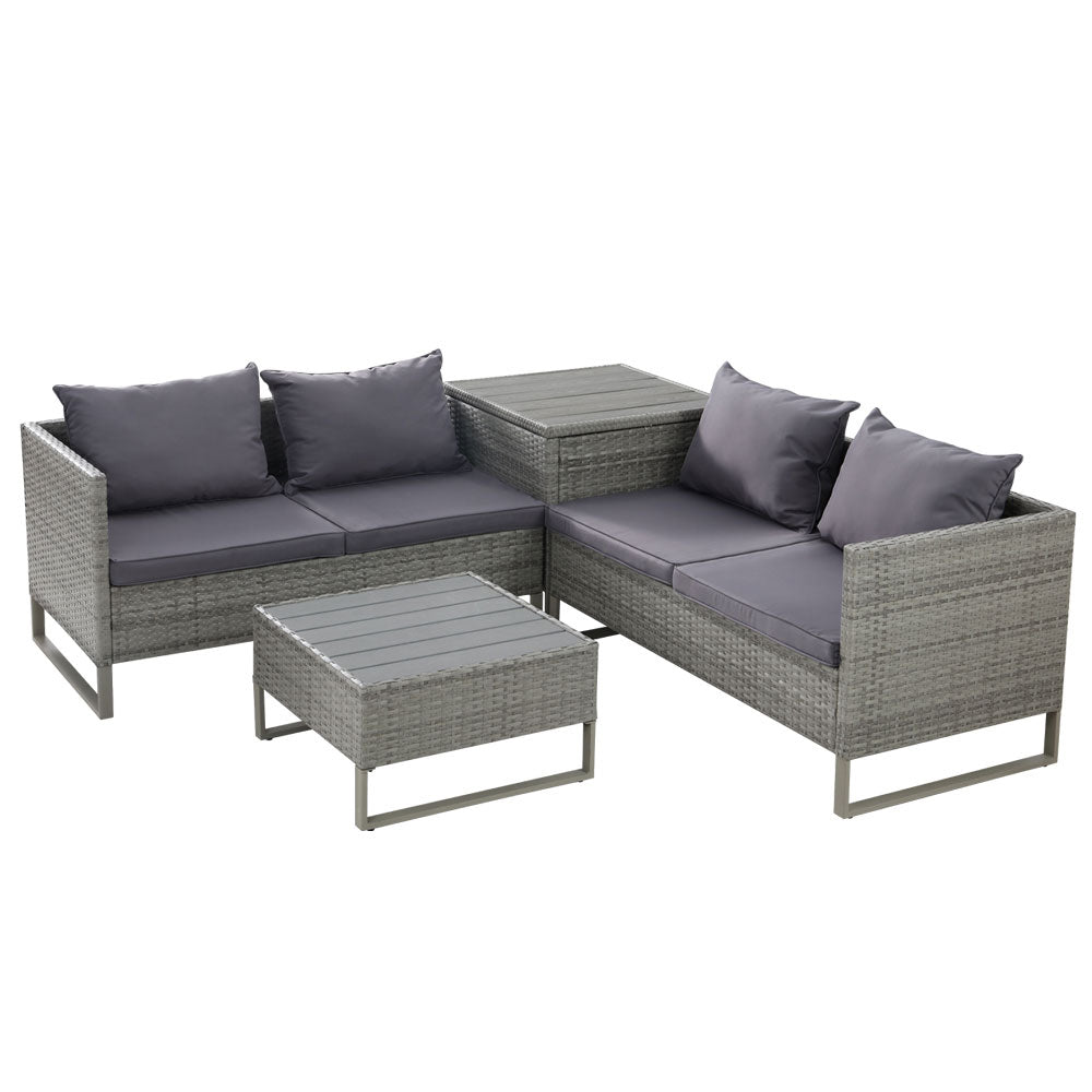 Outdoor Patio Wicker Sofa Lounge Set with Table & Storage Box - Mixed Grey Homecoze