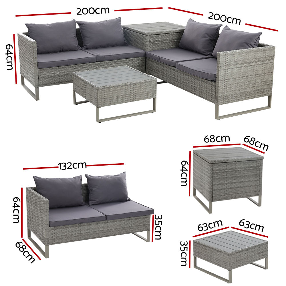 Outdoor Patio Wicker Sofa Lounge Set with Table & Storage Box - Mixed Grey Homecoze