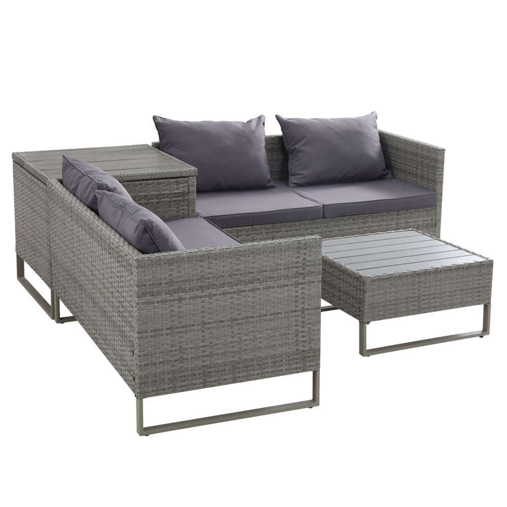 Outdoor Patio Wicker Sofa Lounge Set with Table & Storage Box - Mixed Grey Homecoze