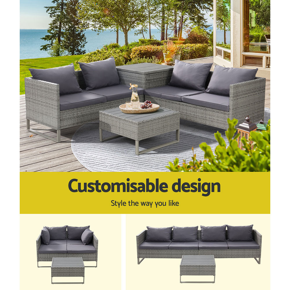 Outdoor Patio Wicker Sofa Lounge Set with Table & Storage Box - Mixed Grey Homecoze