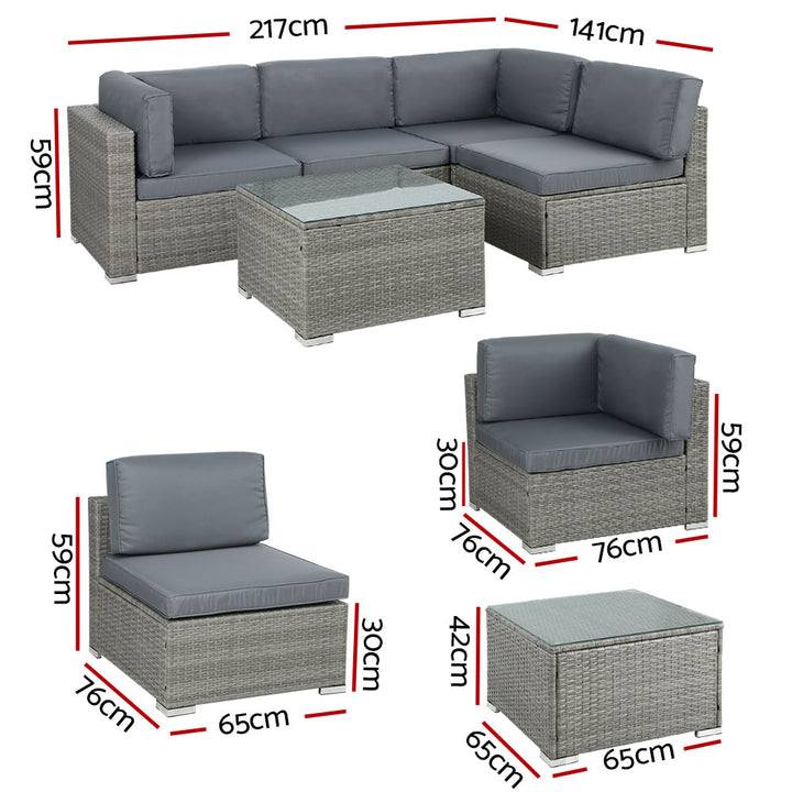 5PC Modular Outdoor Patio Wicker Lounge Set - Mixed Grey Homecoze