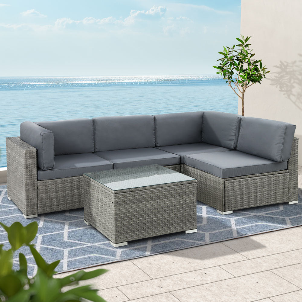 5PC Modular Outdoor Patio Wicker Lounge Set - Mixed Grey Homecoze