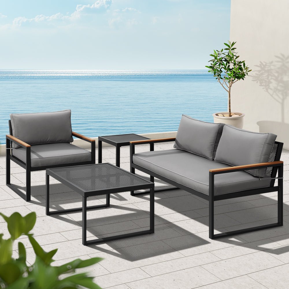 4 Piece Outdoor Furniture Lounge Chair & Sofa Bistro Setting - Black & Grey Homecoze