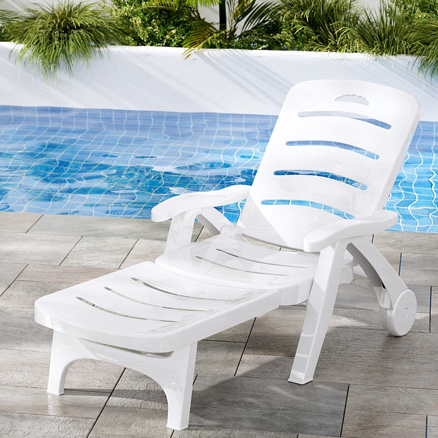 Outdoor Sun Lounger Folder Pool Lounge Chair with Wheels - White Homecoze