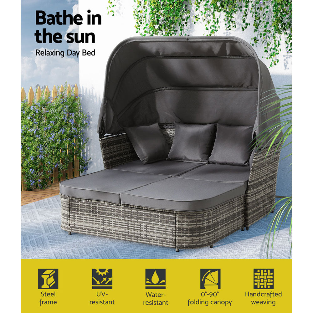 Outdoor Day Bed Wicker Sofa Sun Lounge Setting with Canopy - Grey Homecoze