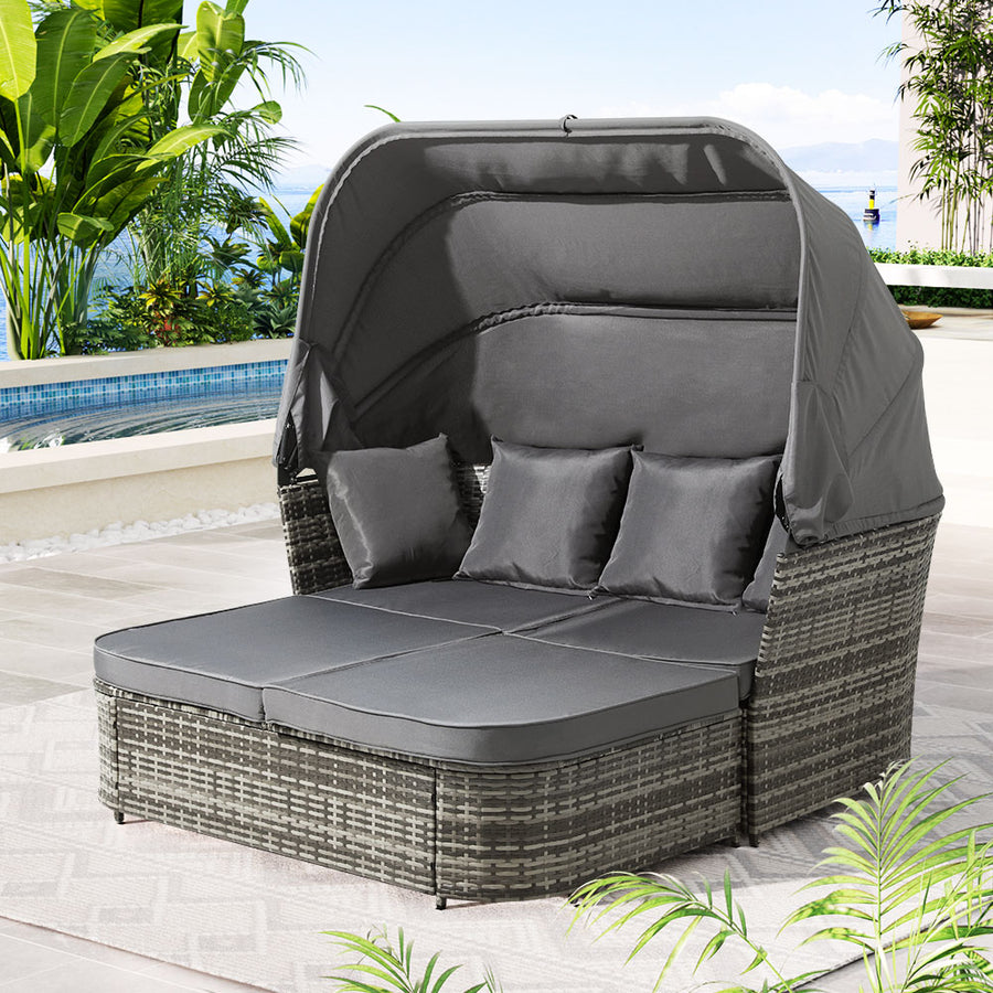 Outdoor Day Bed Wicker Sofa Sun Lounge Setting with Canopy - Grey Homecoze
