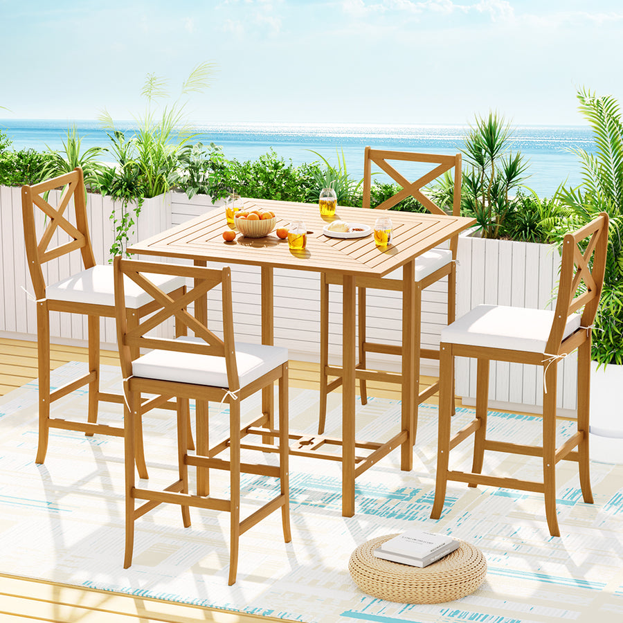 Outdoor Patio Bar Table and 4 Chair Stool Set Dining Furniture Acacia Wood Homecoze