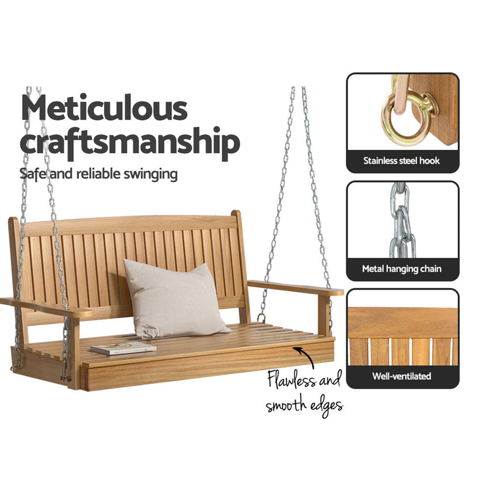 2 Seater Garden Porch Swing Outdoor Patio Hanging Wooden Bench Seat - Natural Homecoze