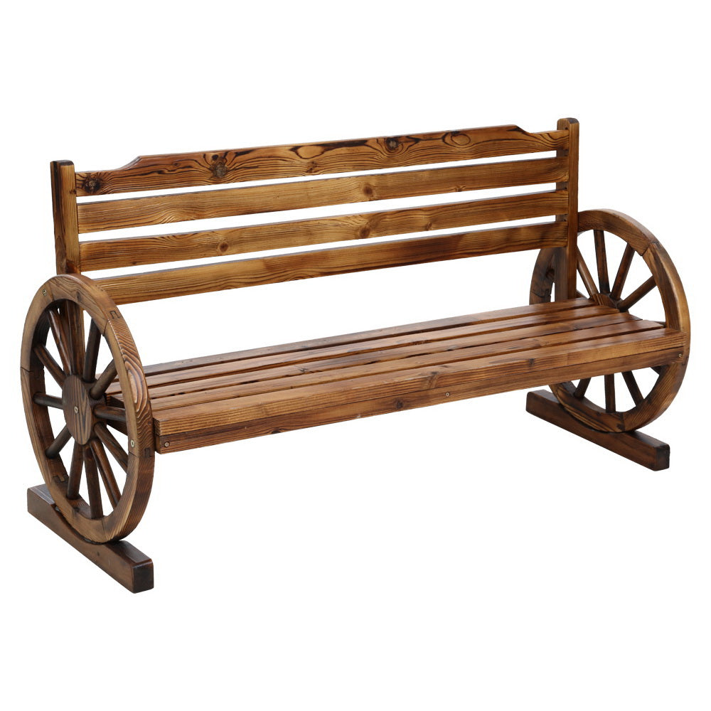 Wooden 3 Seater Rustic Wagon Wheel Garden Bench Chair - Light Brown - Homecoze