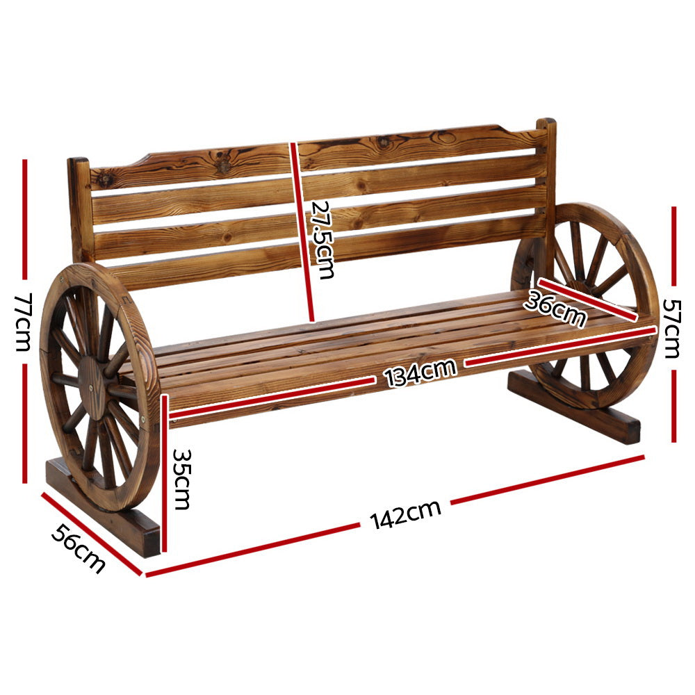 Wooden 3 Seater Rustic Wagon Wheel Garden Bench Chair - Light Brown - Homecoze
