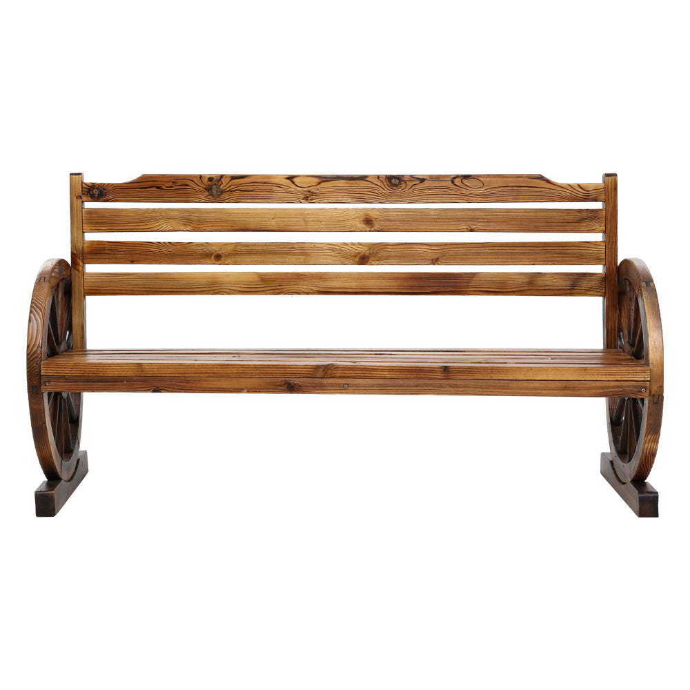 Wooden 3 Seater Rustic Wagon Wheel Garden Bench Chair - Light Brown - Homecoze