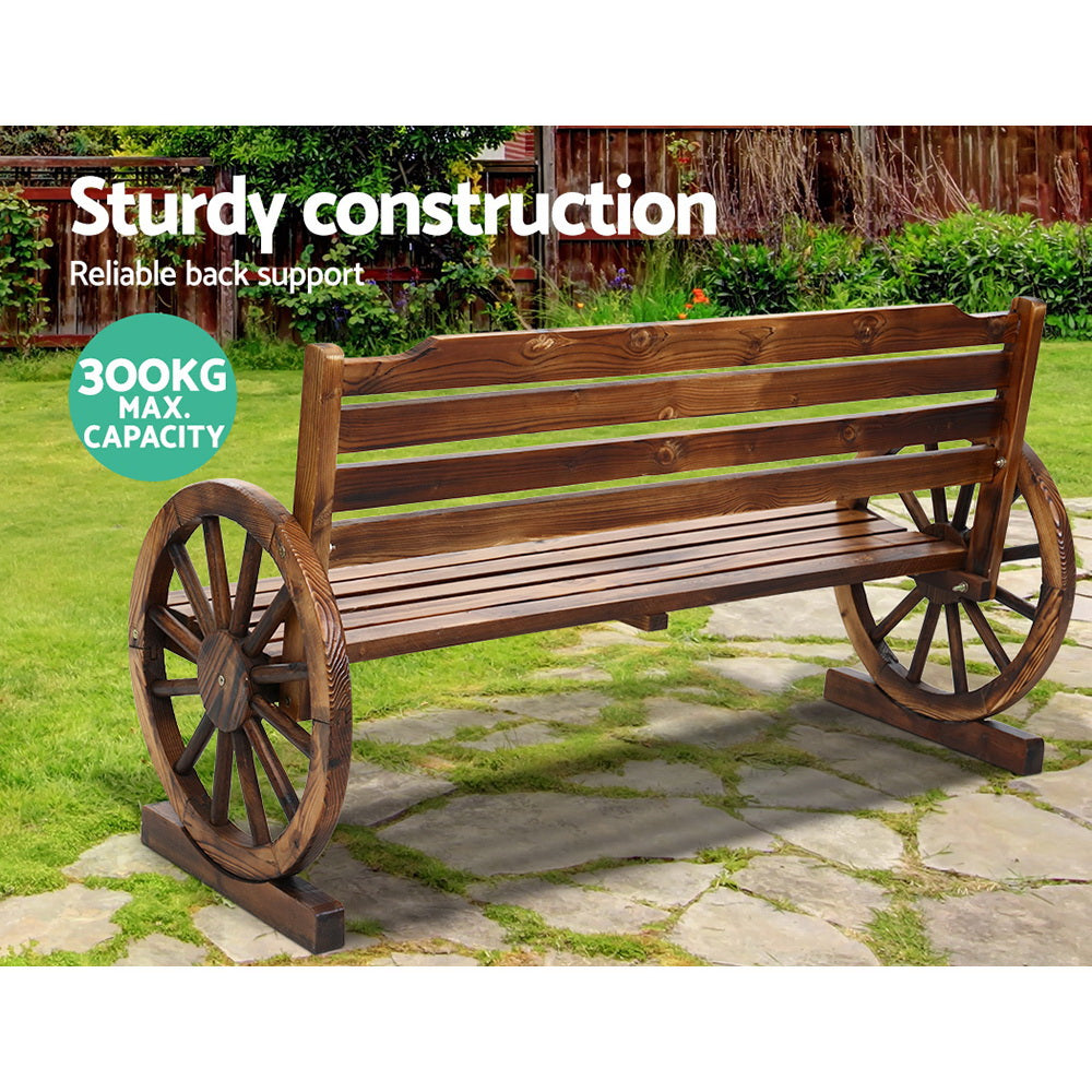 Wooden 3 Seater Rustic Wagon Wheel Garden Bench Chair - Light Brown - Homecoze