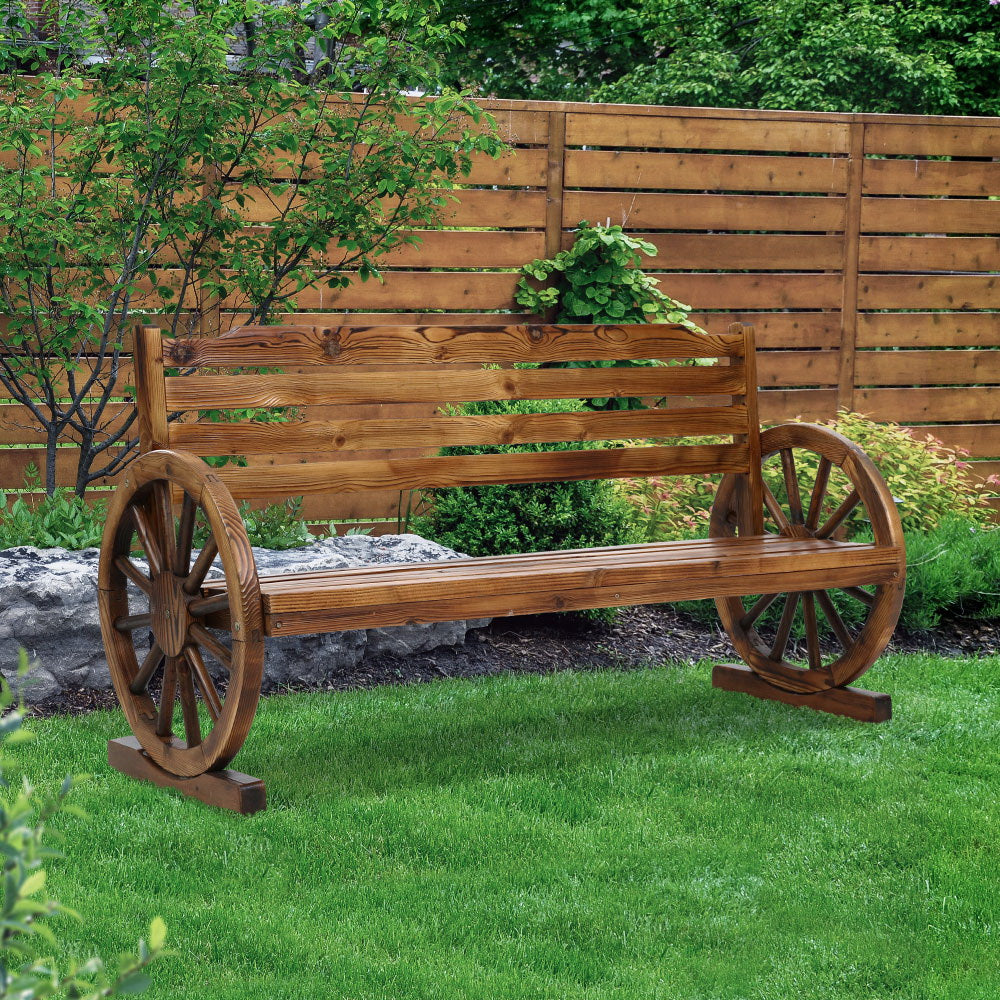 Wooden 3 Seater Rustic Wagon Wheel Garden Bench Chair - Light Brown - Homecoze