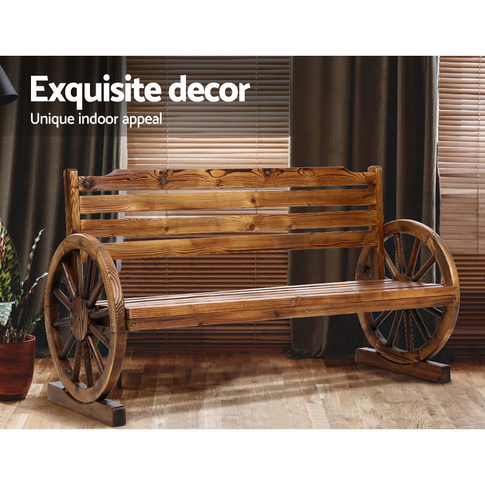 Wooden 3 Seater Rustic Wagon Wheel Garden Bench Chair - Light Brown - Homecoze