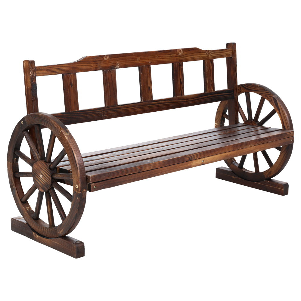 Wooden 3 Seater Rustic Wagon Wheel Garden Bench Chair - Brown - Homecoze