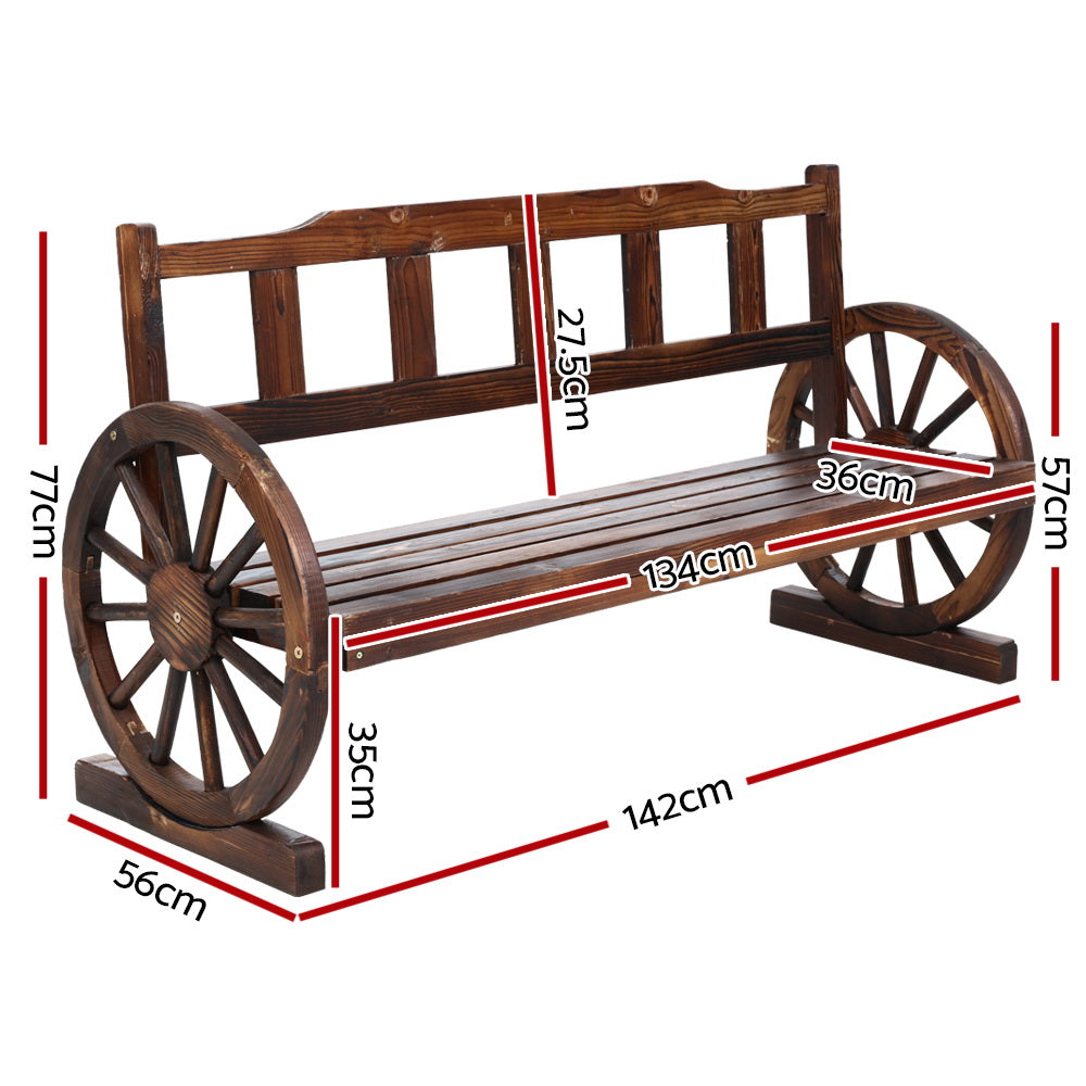 Wooden 3 Seater Rustic Wagon Wheel Garden Bench Chair - Brown - Homecoze