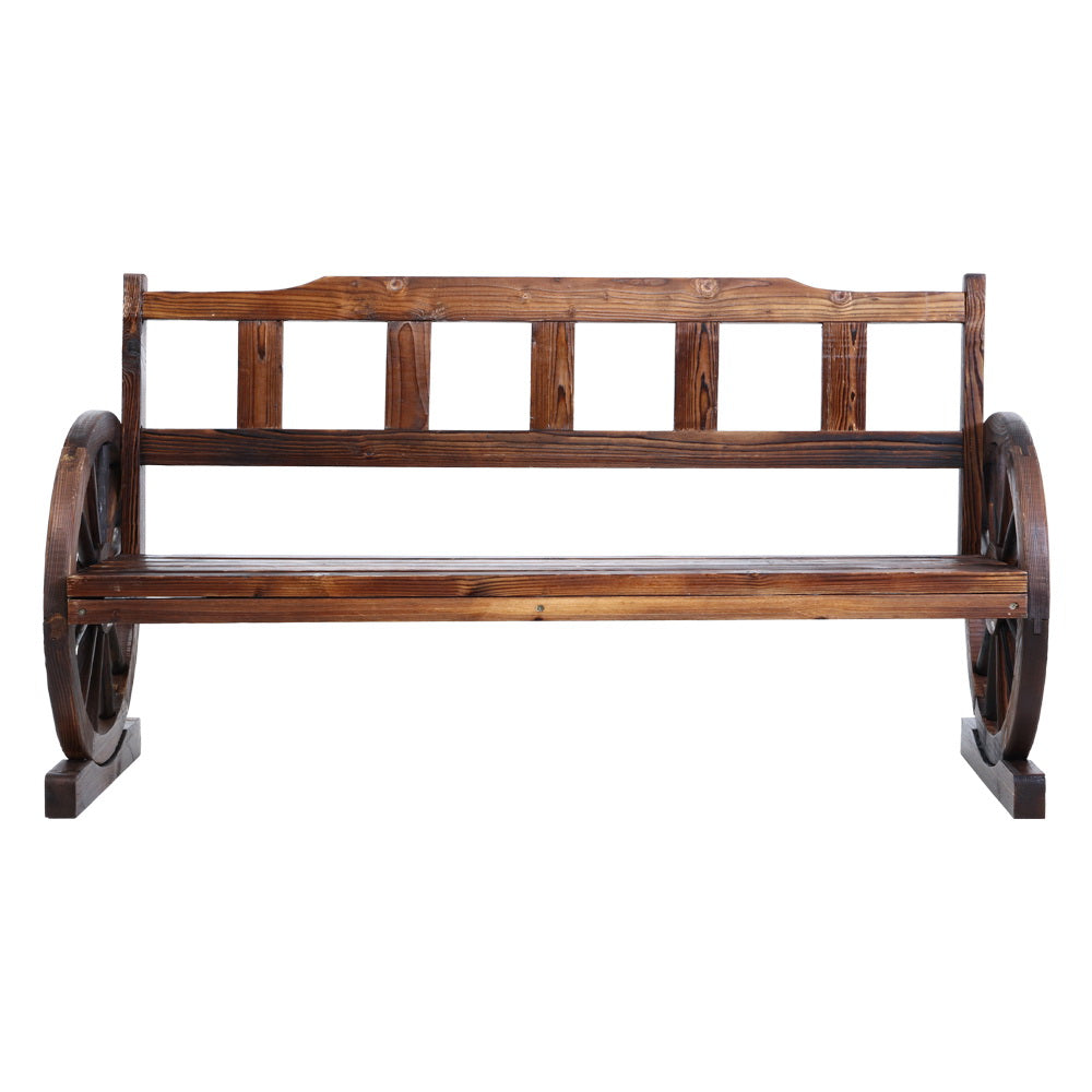 Wooden 3 Seater Rustic Wagon Wheel Garden Bench Chair - Brown - Homecoze