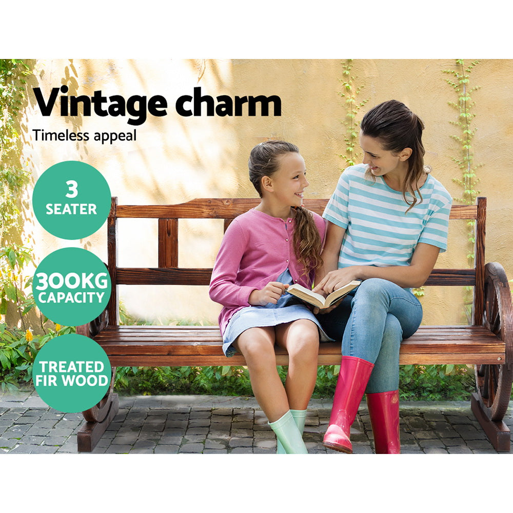 Wooden 3 Seater Rustic Wagon Wheel Garden Bench Chair - Brown - Homecoze