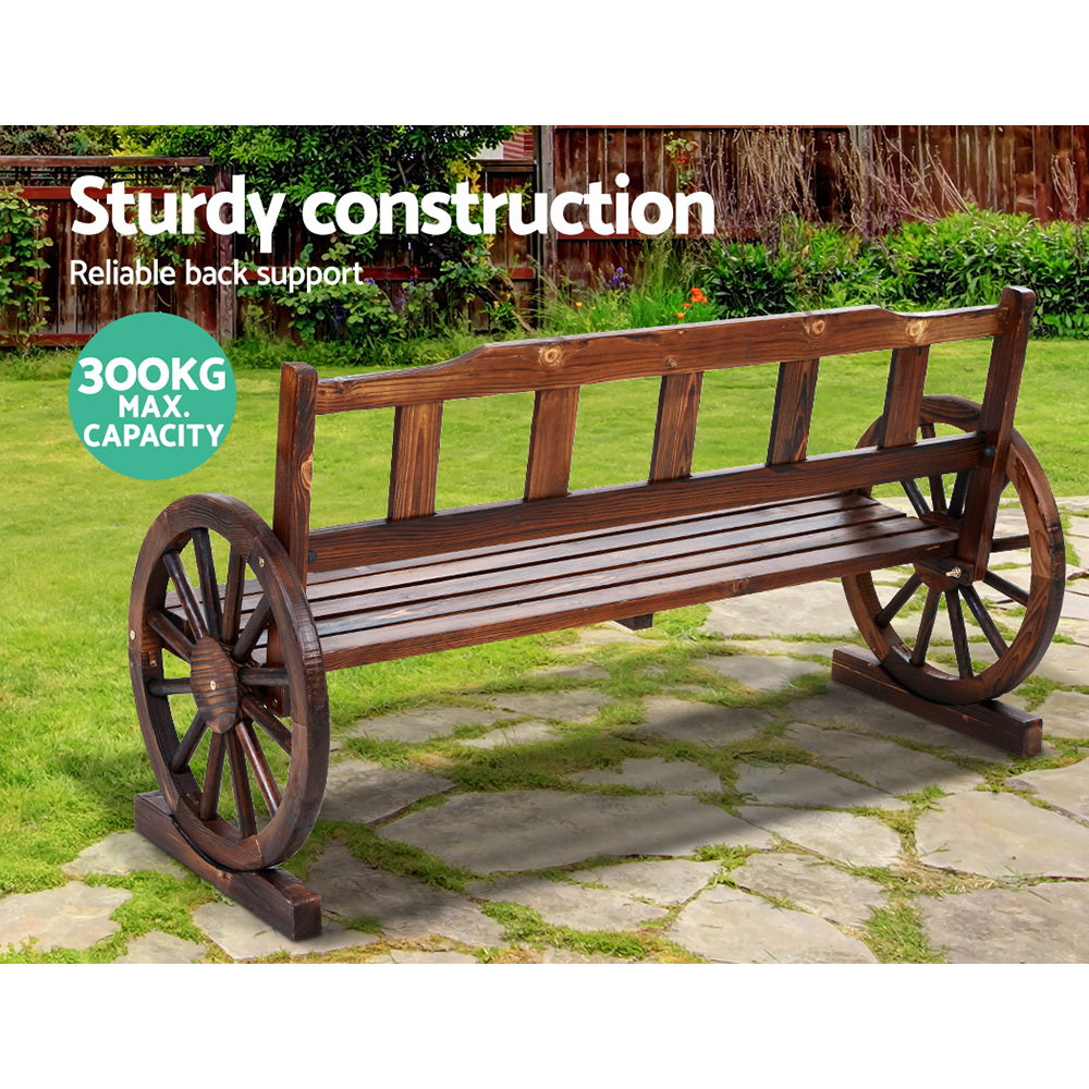 Wooden 3 Seater Rustic Wagon Wheel Garden Bench Chair - Brown - Homecoze